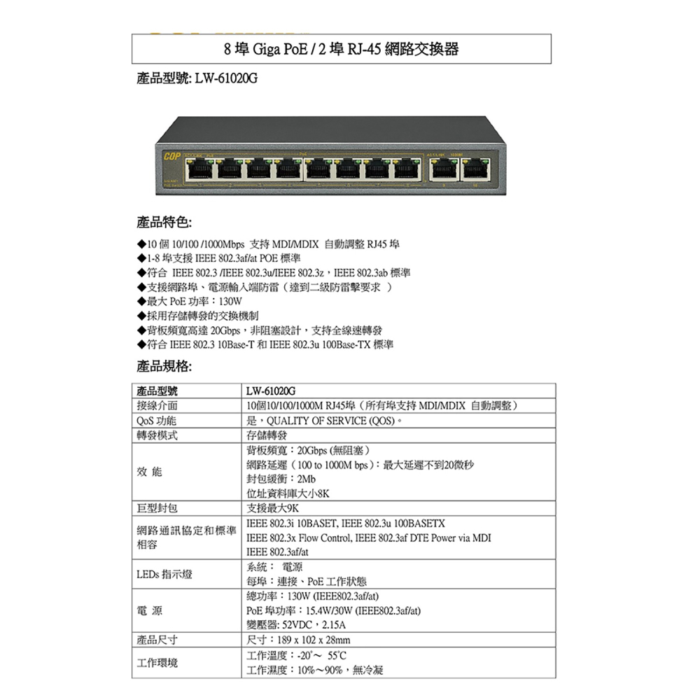 昌運監視器 LW-61020G 8埠Giga PoE/2埠RJ-45網路交換器 PoE功率130W-細節圖3