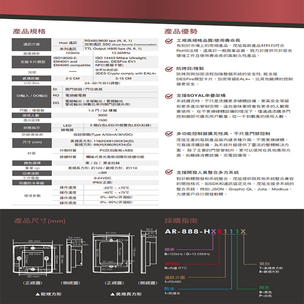 昌運監視器 SOYAL AR-888-H(AR-888H) EM 125K 歐規 觸控控制器 門禁讀卡機-細節圖2