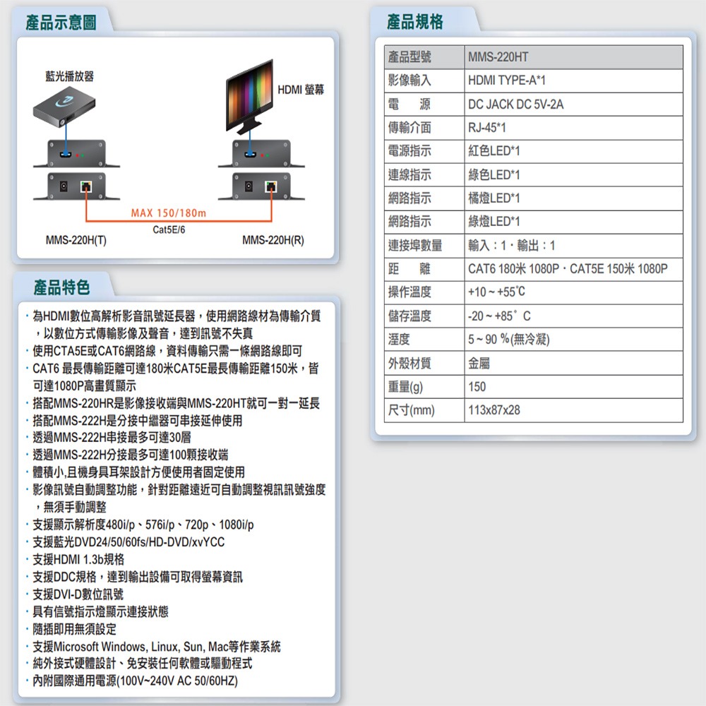 昌運監視器 MMS-220HT HDMI 數位高解析影音訊號延長器 傳送端 最長距離可達180M-細節圖2