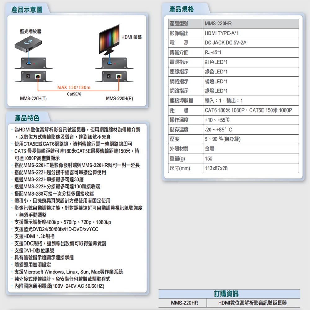 昌運監視器 MMS-220HR HDMI 數位高解析影音訊號延長器 接收端 最長距離可達180M-細節圖2