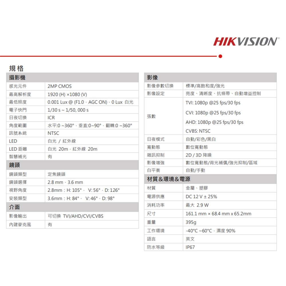 昌運監視器 海康 DS-2CE10DF0T-LFS 200萬 全彩智慧雙光聲音槍型攝影機 內建麥克風 紅外線20M-細節圖2