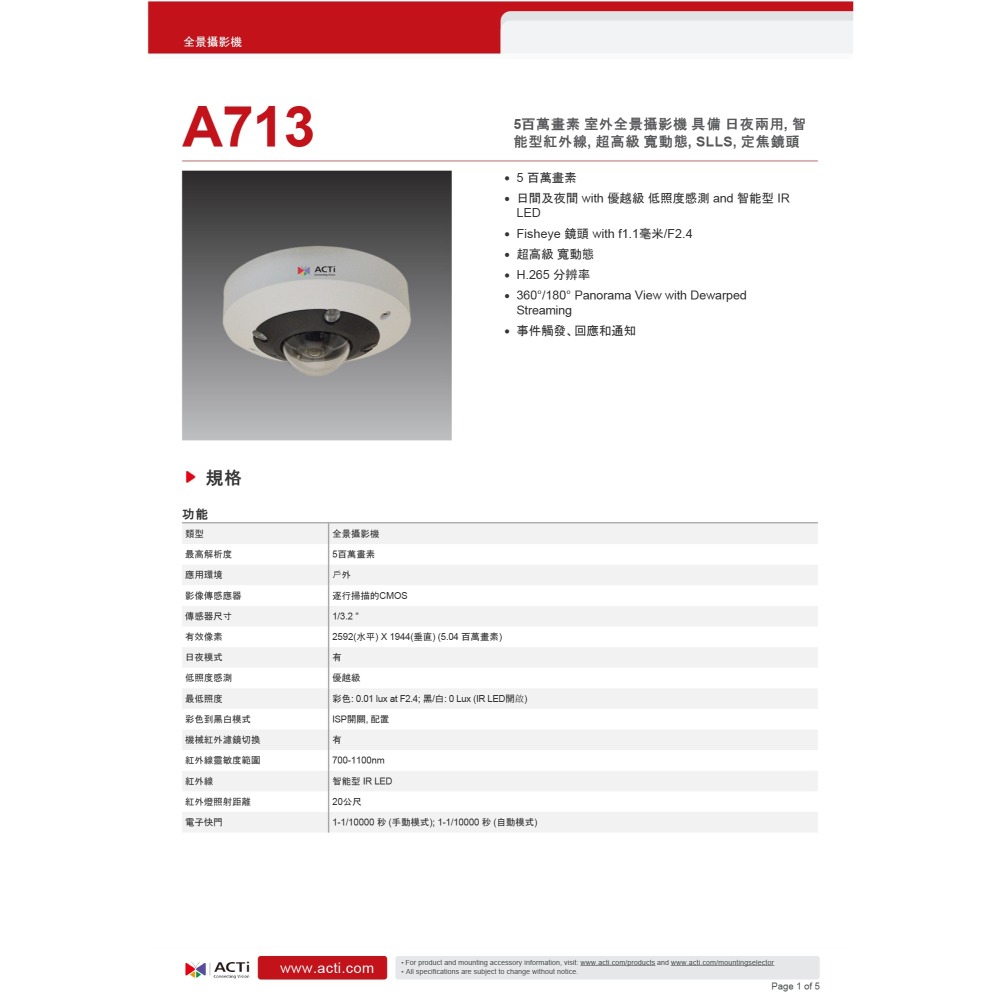 昌運監視器 ACTi A713 500萬畫素 室外全景攝影機 日夜兩用 智能型紅外線 超高級寬動態 請來電洽詢-細節圖2