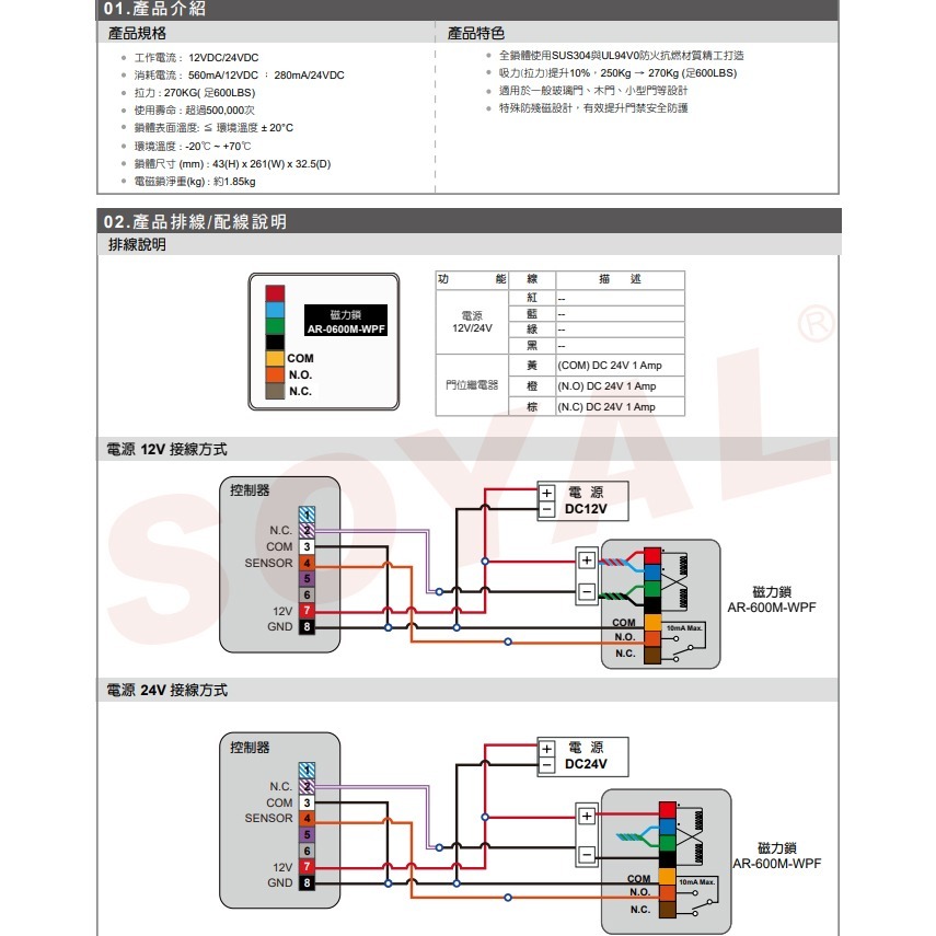 昌運監視器 SOYAL AR-0600M-WPF 0600M-270磁力鎖戶外型/正面安裝型 防火抗燃材質-細節圖2