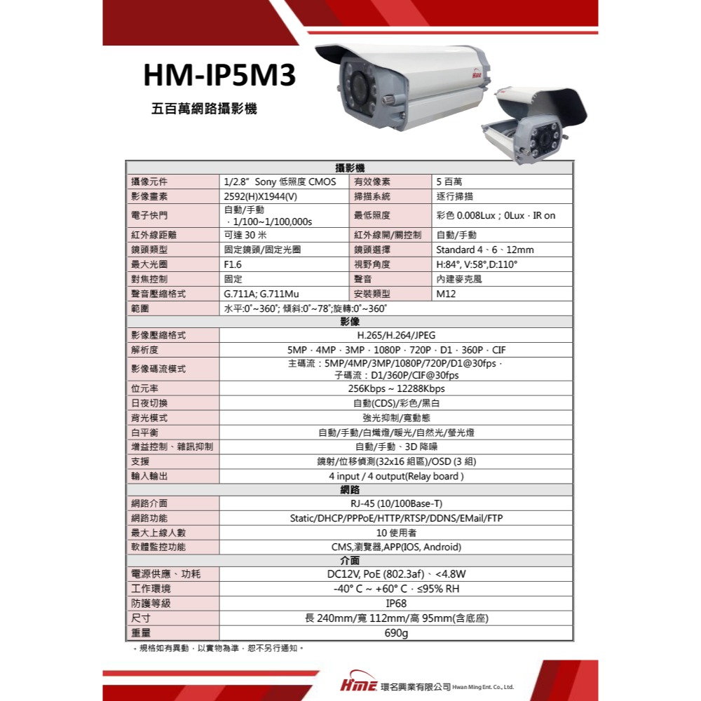 昌運監視器 環名HME HM-IP5M3 500萬網路攝影機 低照度CMOS 有效偵測距離30M F1.6固定鏡頭-細節圖2