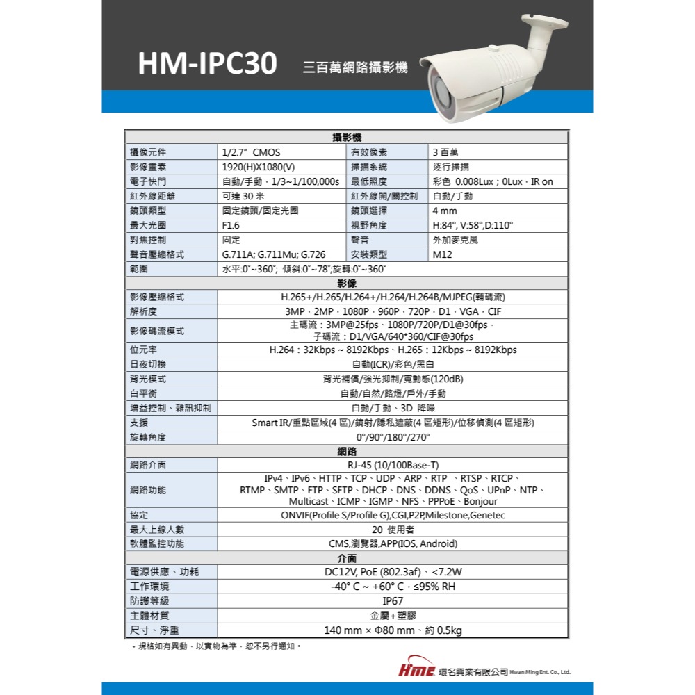 昌運監視器 環名HME HM-IPC30 300萬網路攝影機 ICR紅外濾光片自動切換 24小時日夜監控偵測距離30M-細節圖2