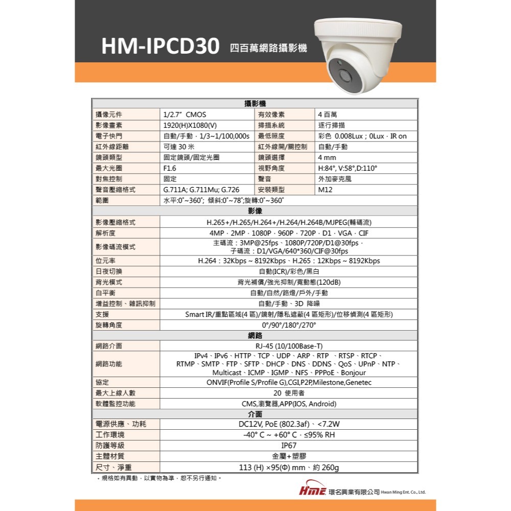 昌運監視器 環名HME HM-IPCD30 400萬網路攝影機 ICR紅外濾光片自動切換24小時日夜監控偵測距離30M-細節圖2