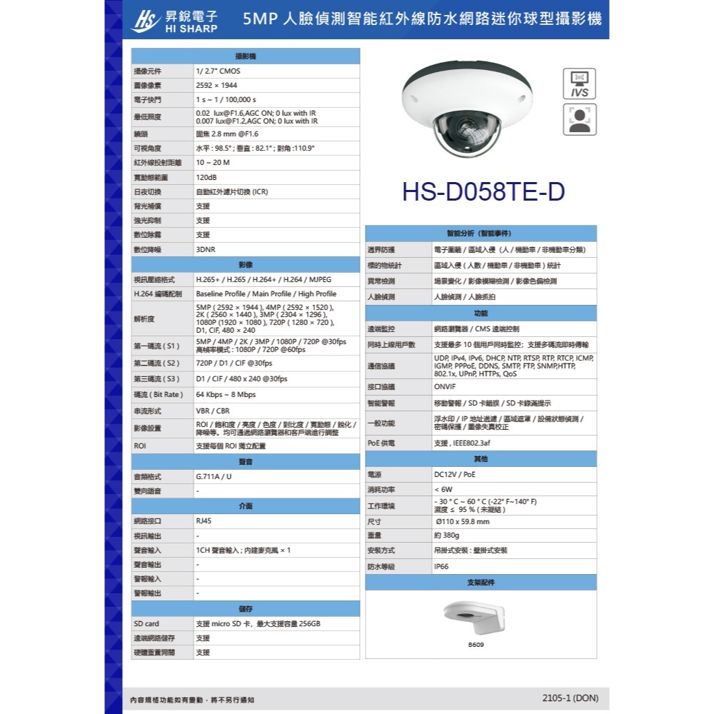 昌運監視器 昇銳 HS-D058TE-D 500萬人臉偵測智能紅外線防水網路迷你球型攝影機 數位降噪日夜功能 IP66-細節圖3