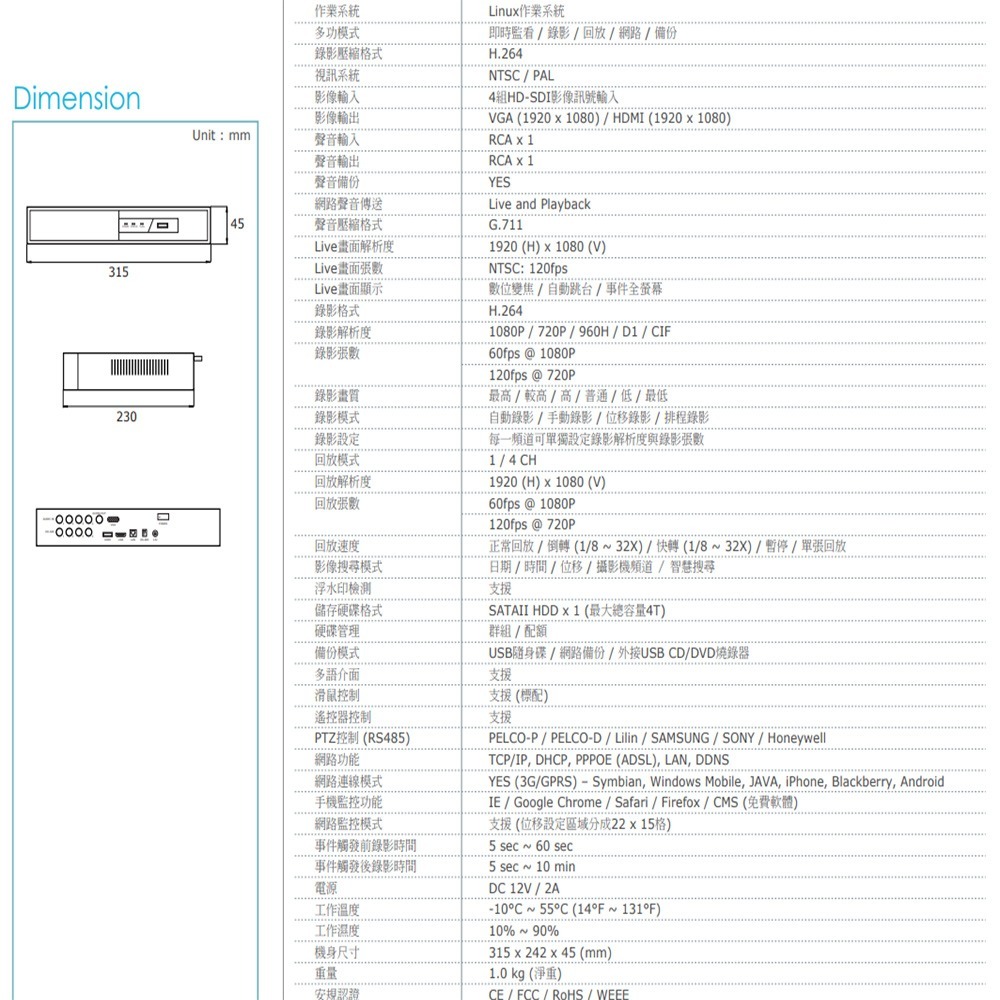 昌運監視器 4路 HD-SDI 網路監控錄影主機 支援雙向語音 聲音1入1出 最高支援200萬-細節圖2