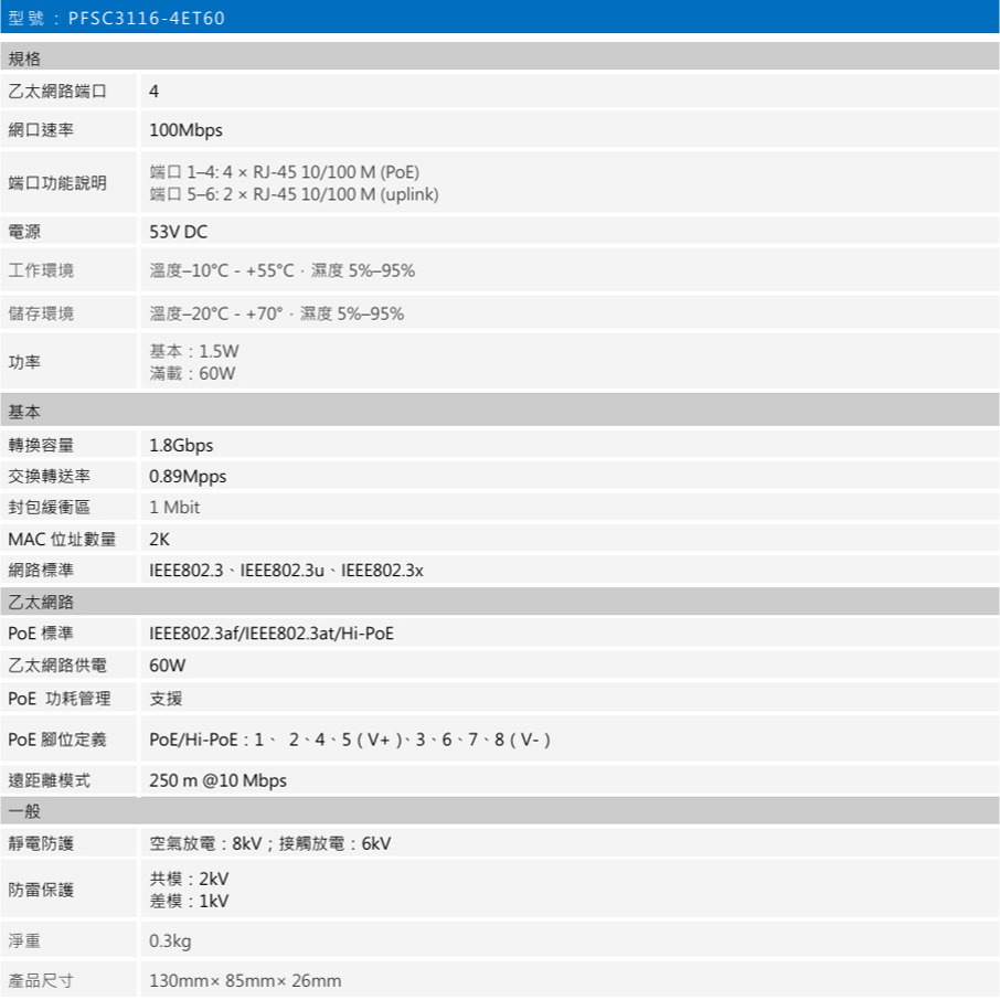 昌運監視器 SAMPO聲寶 PFSC3116-4ET60 4埠 PoE交換器非網管型 100Mbps-細節圖2