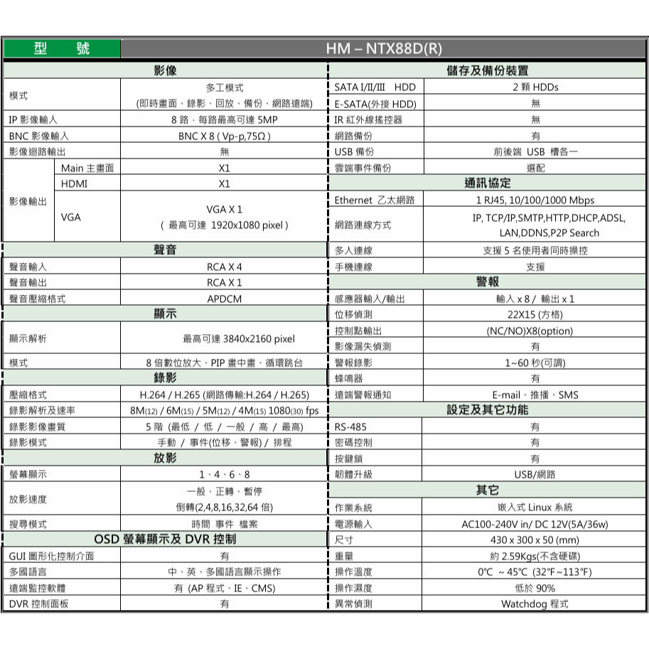 昌運監視器 環名HME HM-NTX88D(R) 8路監視錄影主機XVR 支援SATA介面16TB以上大容量HDD-細節圖2