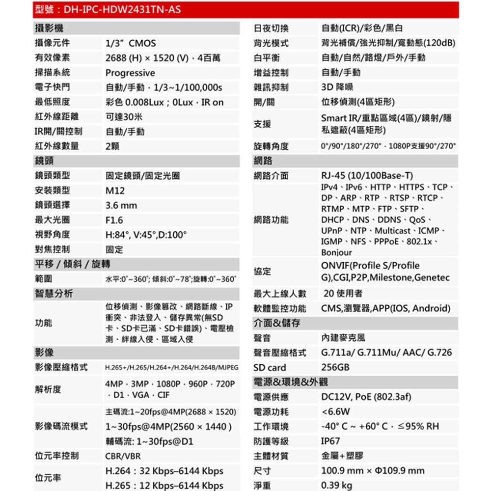 昌運監視器 大華 DH-IPC-HDW2431TN-AS 400萬 紅外線網路攝影機-細節圖2