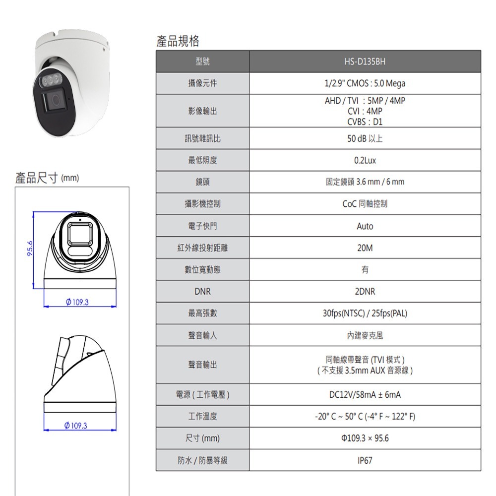 昌運監視器 昇銳 HS-D135BH 500萬 多合一同軸音頻紅外線半球攝影機 內建麥克風 紅外線20M-細節圖2