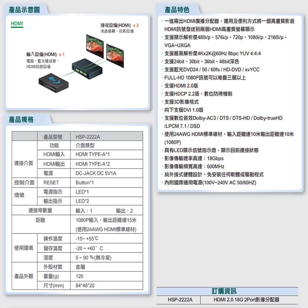 昌運監視器 HSP-2222A HDMI 2.0 18G 2Port 一進二出 影像分配器 廣播分配器 具有LED顯示-細節圖2