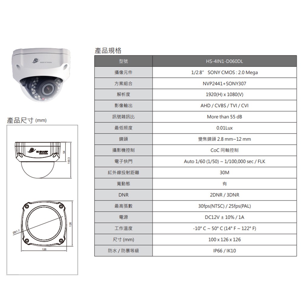 昌運監視器 昇銳 HS-4IN1-D060DL 200萬 星光級變焦半球攝影機 紅外線30M-細節圖2