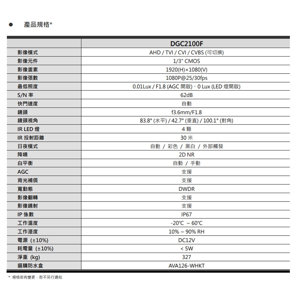 昌運監視器 AVTECH 陞泰 DGC2100F 200萬 四合一 紅外線槍型攝影機 紅外線30M-細節圖2