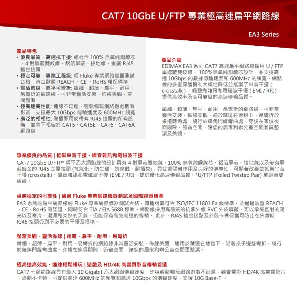 昌運監視器 EDIMAX 訊舟 EA3-030SFA CAT7 專業極高速扁平網路線-細節圖2