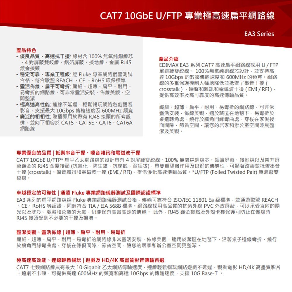 昌運監視器 EDIMAX 訊舟 EA3 Series CAT7 專業極高速扁平網路線-細節圖2