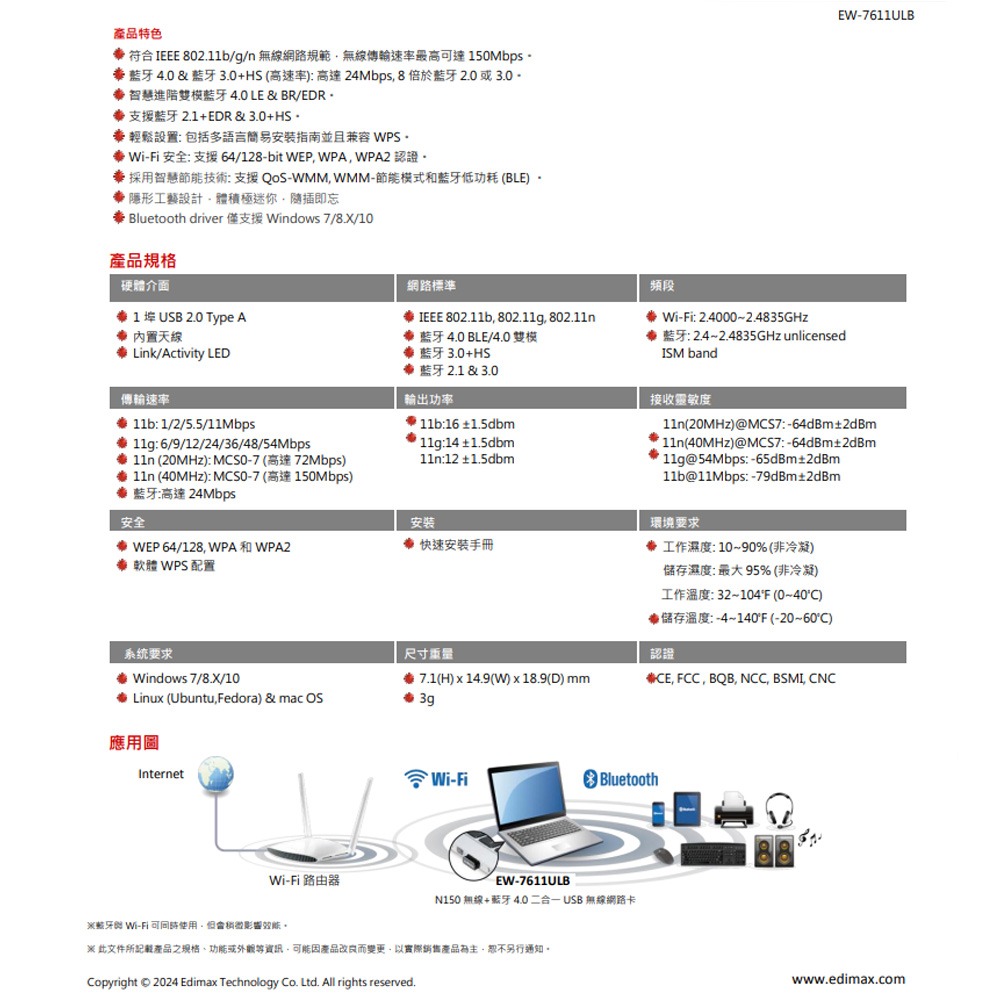 昌運監視器 EDIMAX 訊舟 EW-7611ULB N150無線&藍牙4.0二合一USB無線網路卡-細節圖3