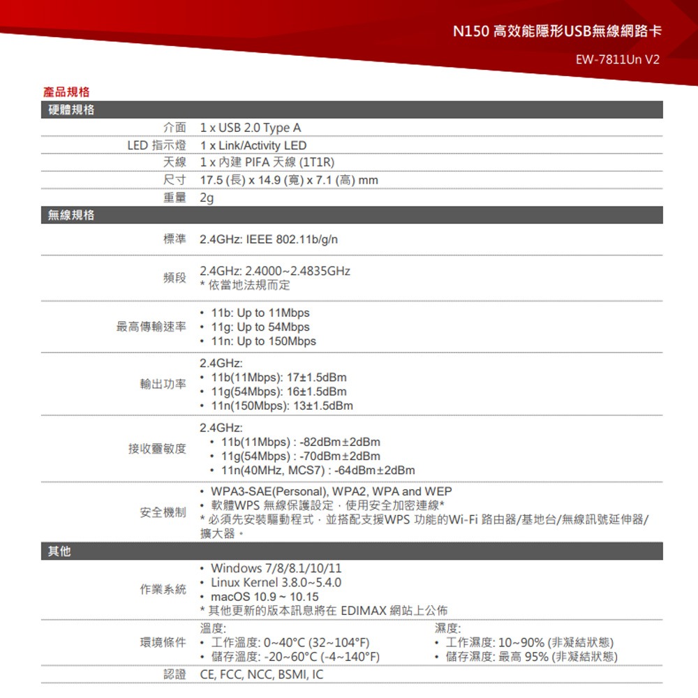 昌運監視器 EDIMAX 訊舟 EW-7811Un V2 N150 高效能隱形USB無線網路卡-細節圖3