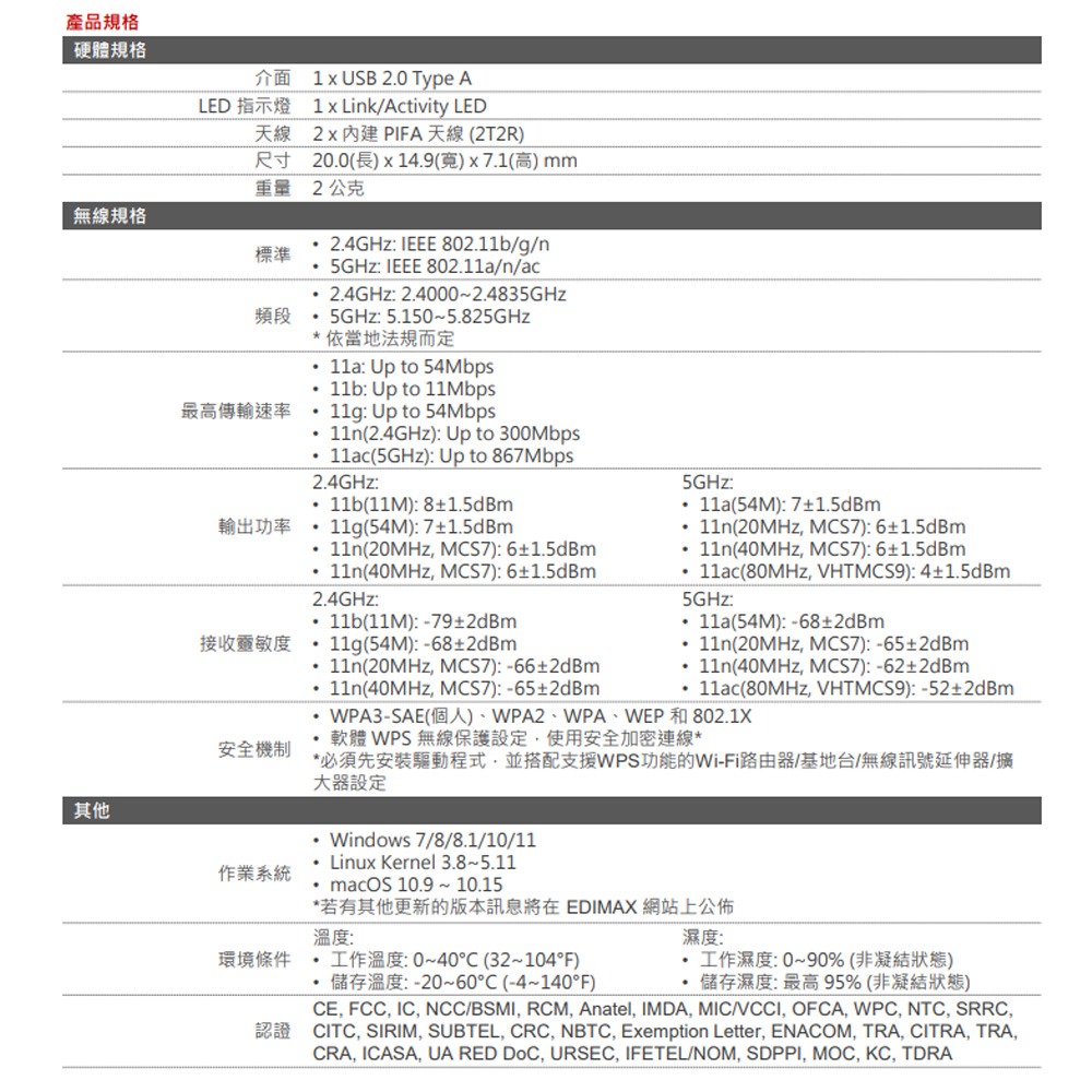 昌運監視器 EDIMAX 訊舟 EW-7822ULC AC1200 Wave 2 MU-MIMO 雙頻USB無線網路卡-細節圖3