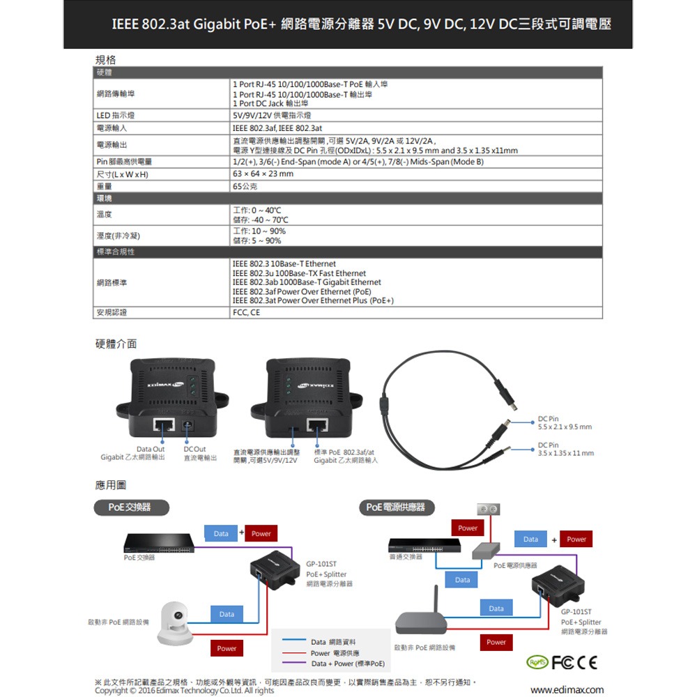 昌運監視器 EDIMAX 訊舟 GP-101ST IEEE802.3at Gigabit PoE+網路電源分離器-細節圖2