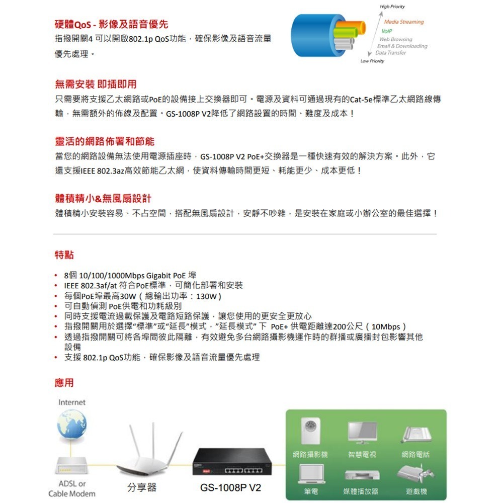 昌運監視器 EDIMAX 訊舟 PRO GS-1008P V2 超高速 8埠 Gigabit PoE+乙太網路交換器-細節圖4