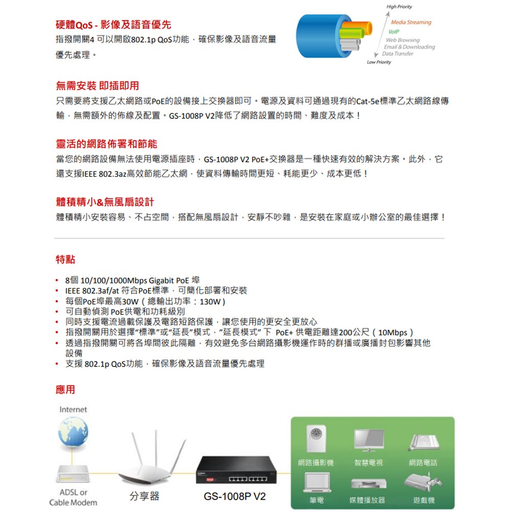 昌運監視器 EDIMAX 訊舟 GS-1008P V2  8埠 Gigabit PoE+乙太網路交換器-細節圖4