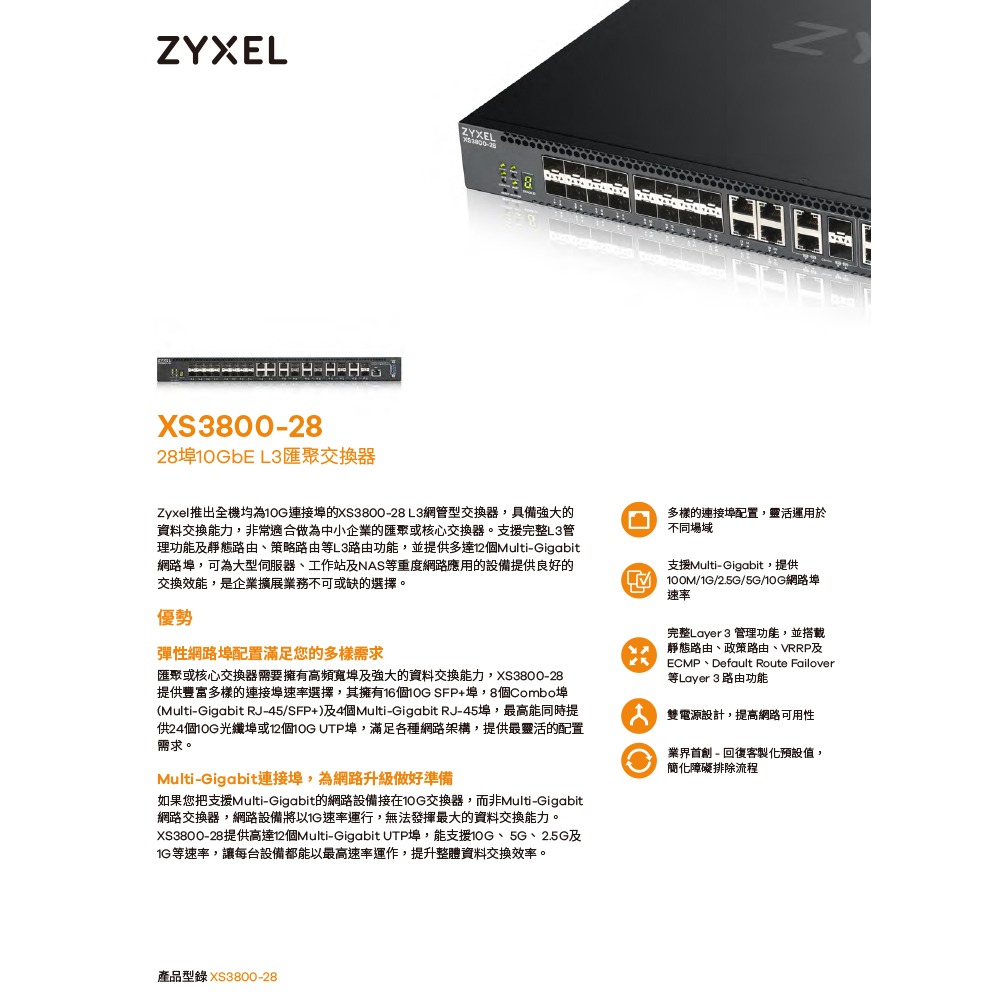 昌運監視器 ZYXEL 合勤 XS3800-28 28埠10GbE L3網管型交換器10-Gigabit SFP+-細節圖2