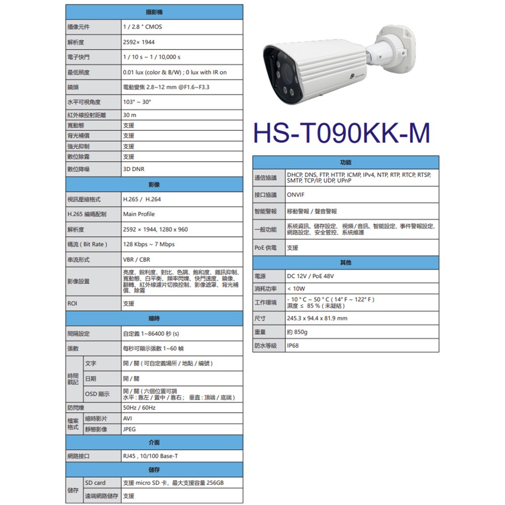 昌運監視器 昇銳 HS-T090KK-M 500萬 2.8-12mm變焦 縮時紅外線槍型網路攝影機 紅外線30M-細節圖2