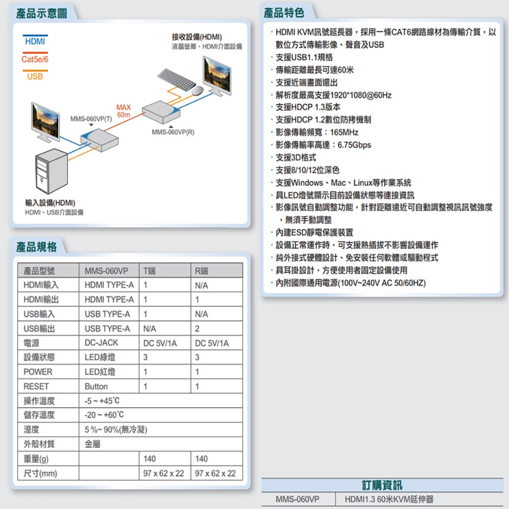 昌運監視器 MMS-060VP HDMI KVM 60米 網路型延長器(取代DX-306H-50/DX-208H-50)-細節圖2