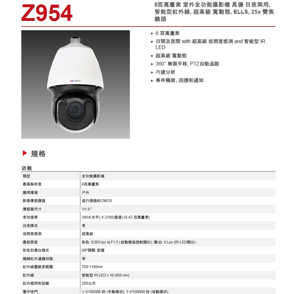 昌運監視器 ACTi Z954 800萬畫素 日夜兩用 室外全功能攝影機(請來電洽詢)-細節圖2