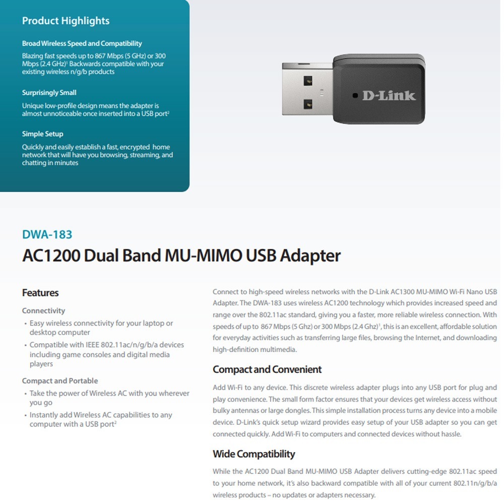 昌運監視器 D-LINK 友訊 DWA-183 AC1200 雙頻USB3.0無線網路卡-細節圖2