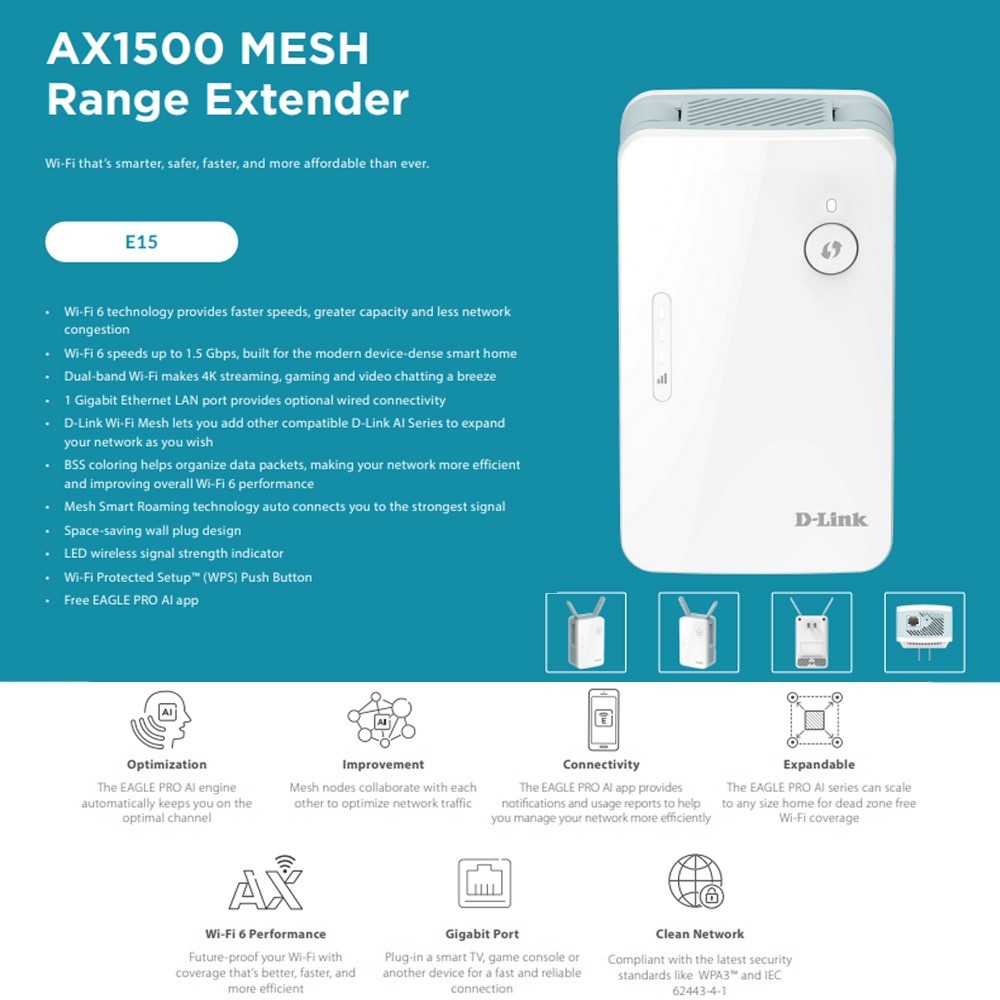 昌運監視器 D-LINK 友訊 E15 AX1500 Wi-Fi 6 無線延伸器-細節圖2