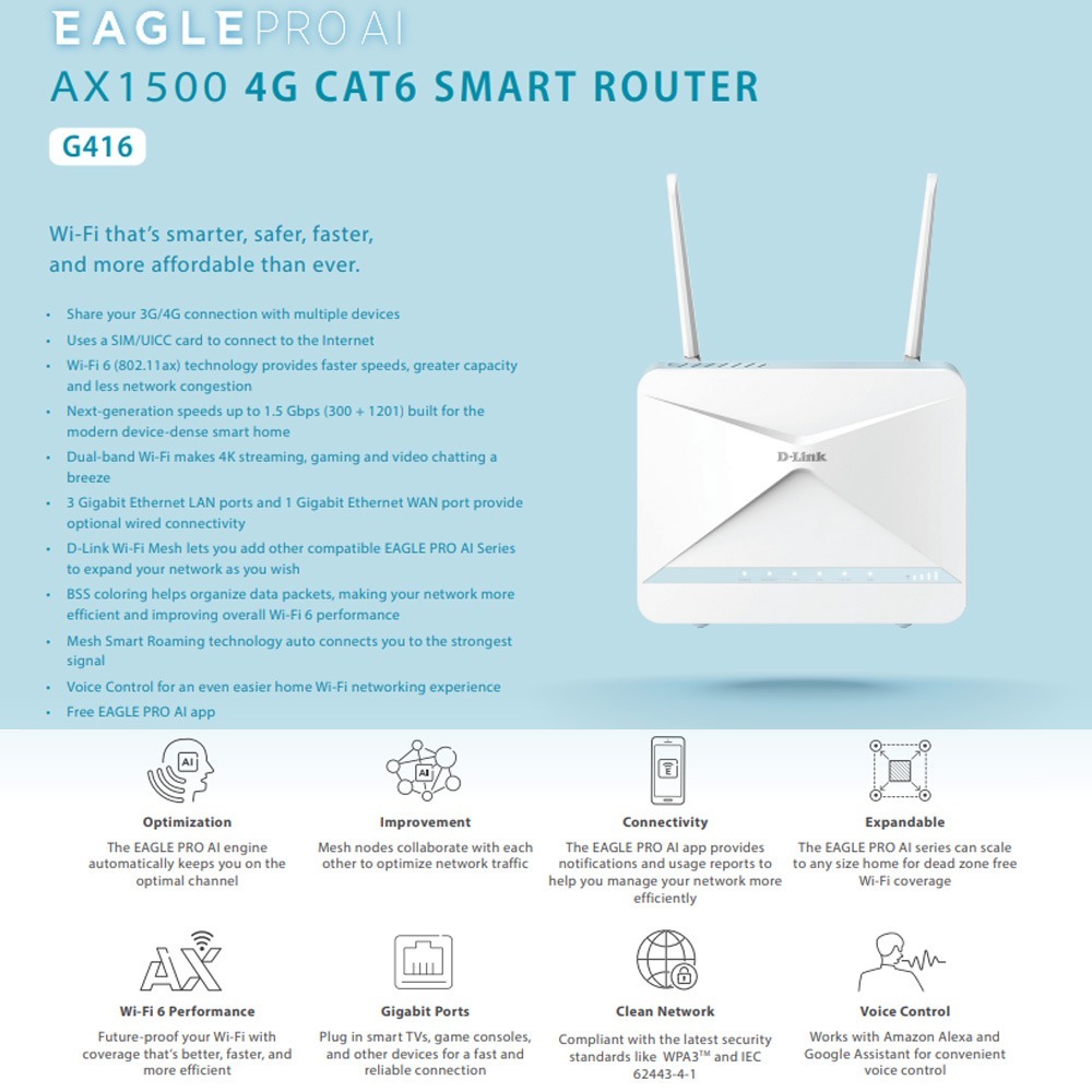 昌運監視器 D-LINK 友訊 G416 4G LTE Cat.6 AX1500 無線路由器-細節圖2