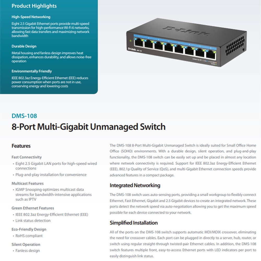 昌運監視器 D-LINK 友訊 DMS-108 8埠無網管Multi-Gigabit多網速交換器-細節圖2