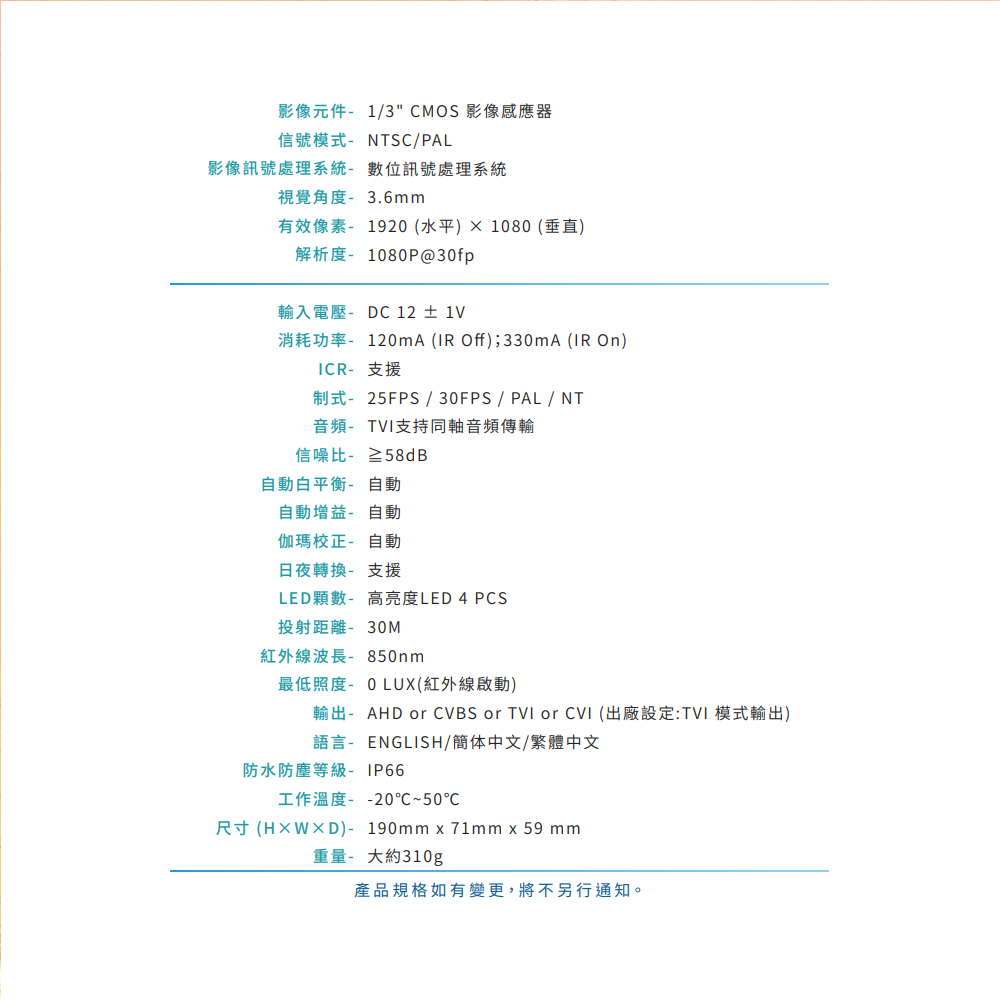 昌運監視器 VACRON VCT-5760U-A 200萬畫素高畫質 AHD紅外線攝影機 請來電洽詢-細節圖2