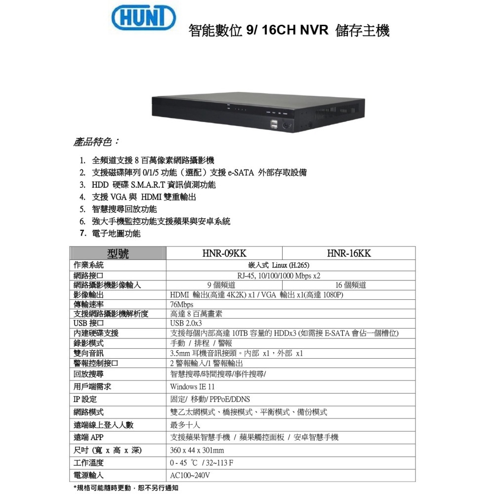 昌運監視器 HNR-09KK 智能9/16CH NVR 儲存主機 RJ-45 10/100/1000-細節圖2
