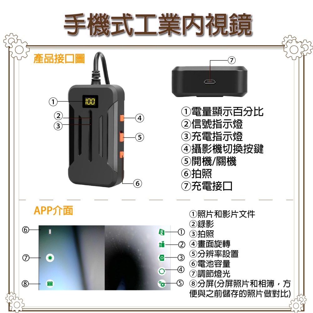 昌運監視器 W02-805 雙鏡頭 手機式工業內視鏡 5米款 200萬畫素 便於管道檢查 可即時查看現場影像-細節圖2