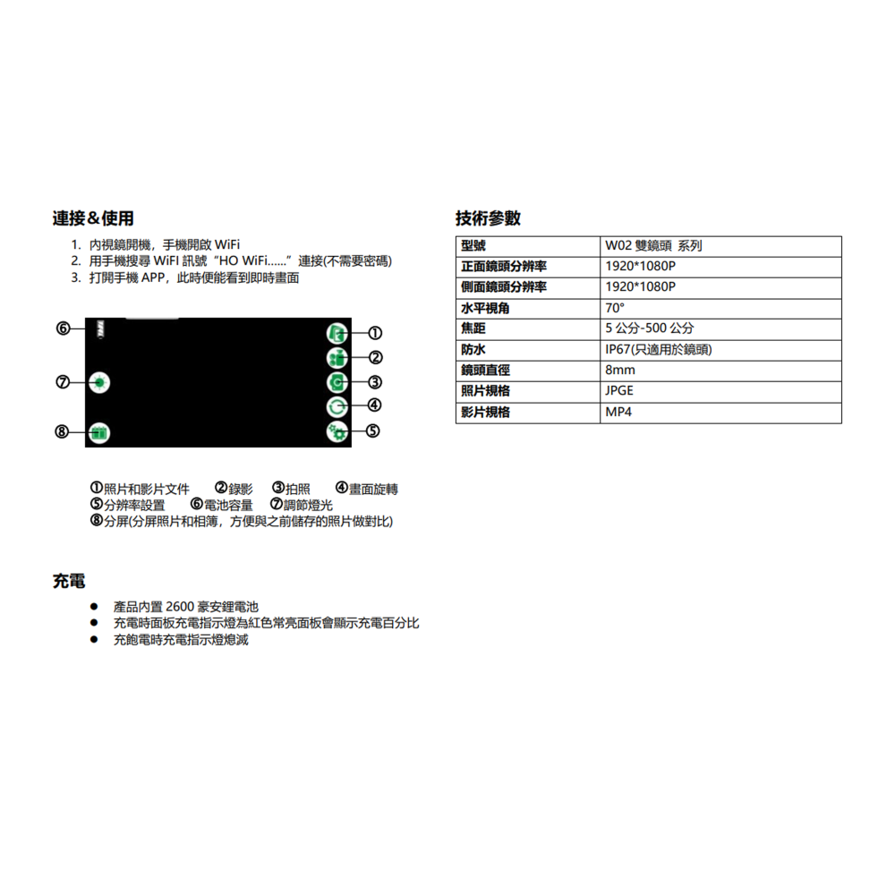 昌運監視器 W02-805 雙鏡頭 手機式工業內視鏡 5米款 200萬畫素 便於管道檢查 可即時查看現場影像-細節圖7