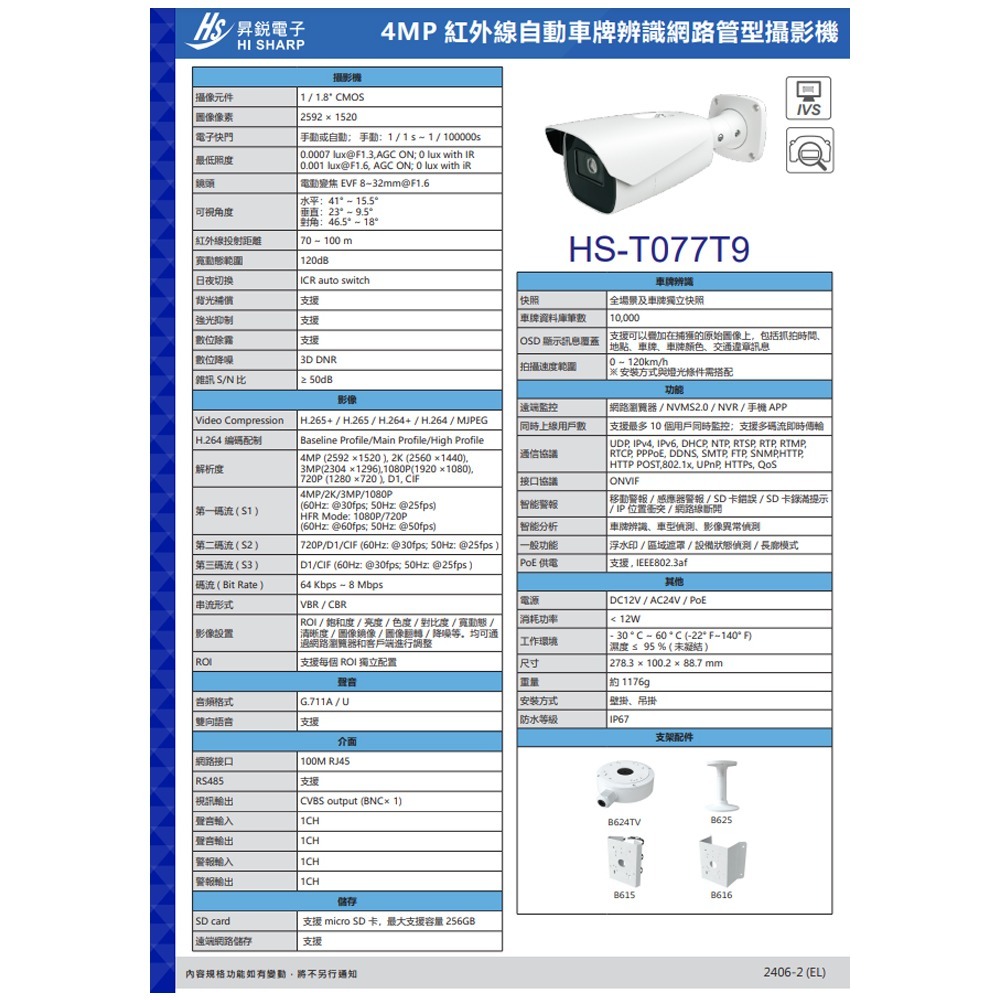 昌運監視器 昇銳 HS-T077T9 400萬 紅外線自動車牌辨識網路管型攝影機  8~32mm變焦 IP67-細節圖3