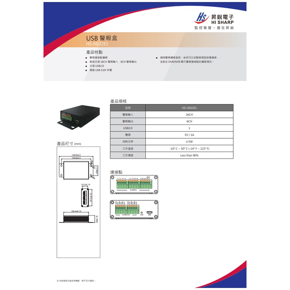 昌運監視器 昇銳 HS-H022E1 USB警報盒 警報連接點擴展 最高支援 16路警報輸入  6路警報輸出-細節圖2