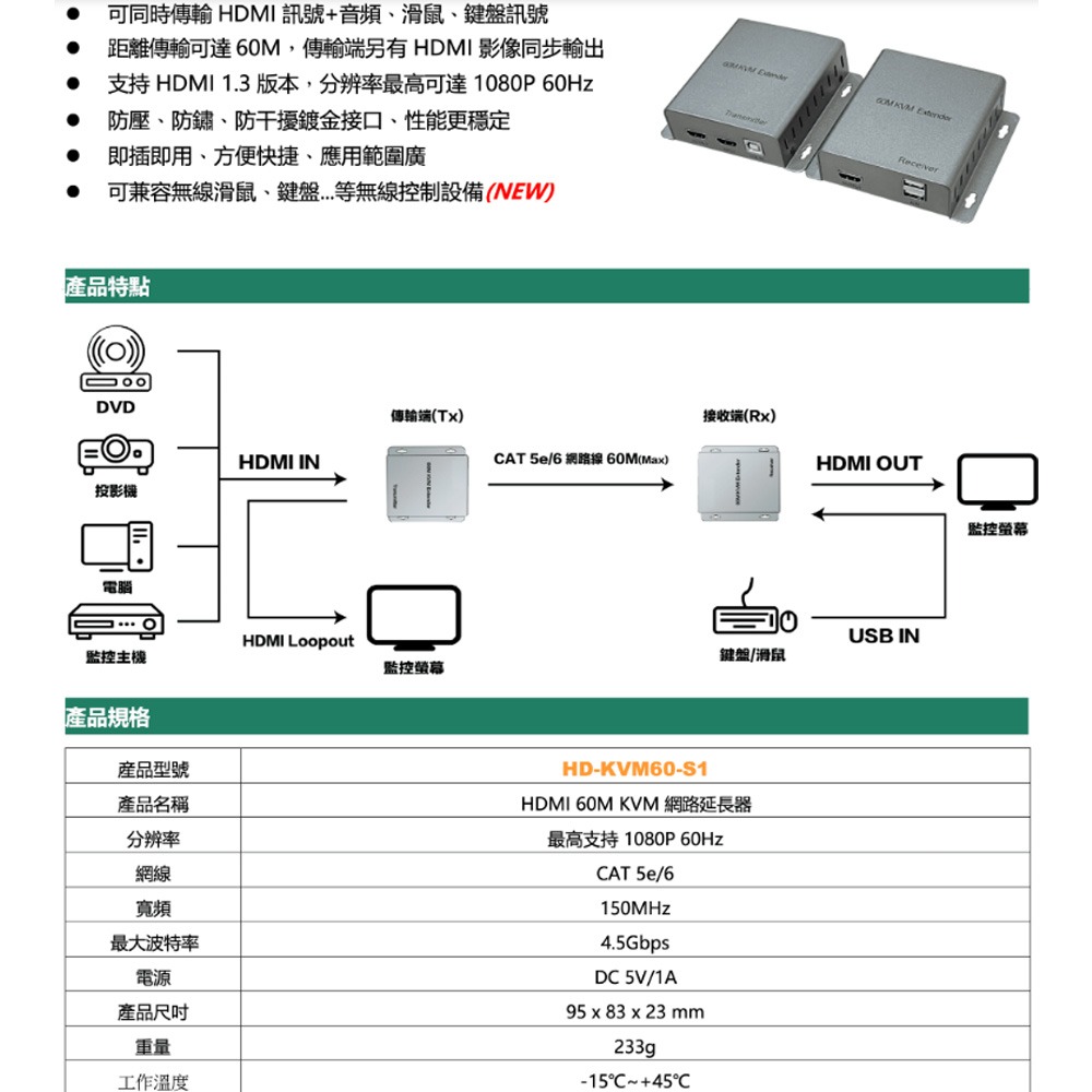 昌運監視器 HD-KVM60-S1 60米 HDMI1.3 即插即用 KVM 網路延長器-細節圖2