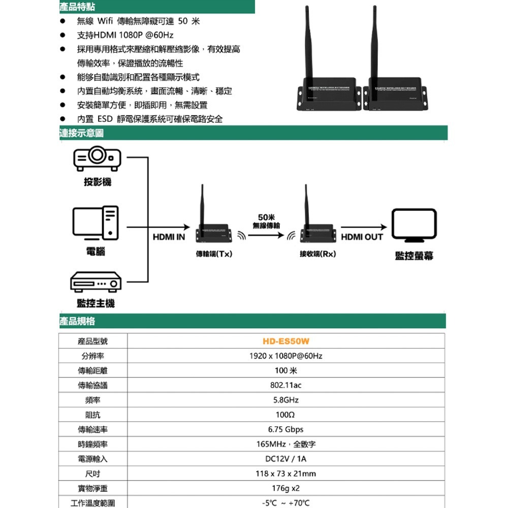 昌運監視器 HD-ES50W 內置自動均衡系統 5.8G HDMI 50米無線傳輸器-細節圖2