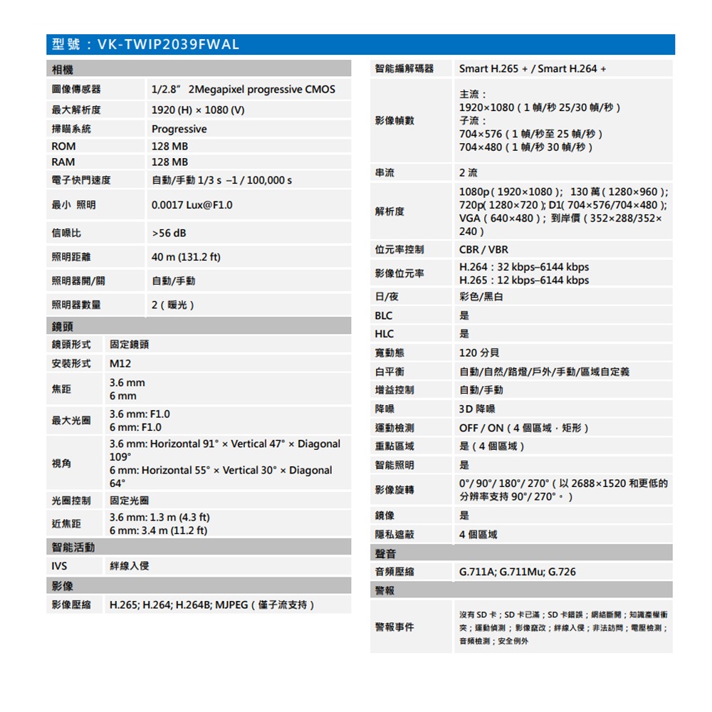昌運監視器 SAMPO聲寶 VK-TWIP2039FWAL 200萬畫素 全彩固定焦點子彈型網路攝影機 IP67-細節圖2