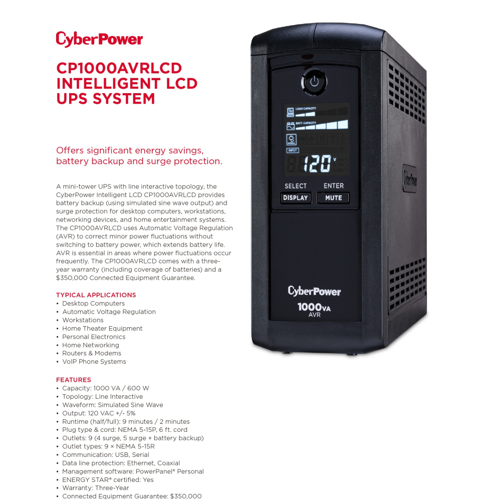 昌運監視器 CyberPower CP1000AVRLCD 1KVA 在線互動式UPS不斷電系統-細節圖2