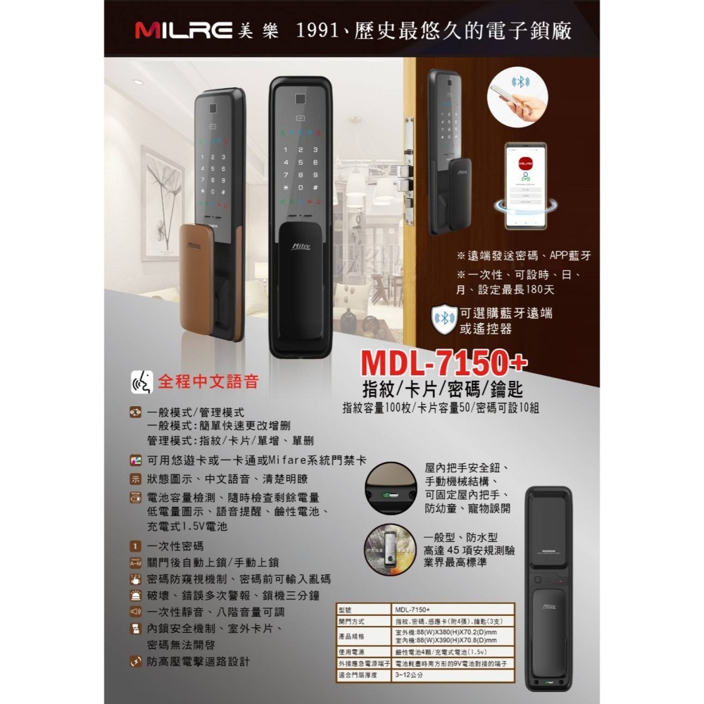 昌運監視器 Milre 美樂 MDL-7150+ 四合一指紋/感應卡/密碼/鑰匙智能電子門鎖 輔助鎖(請來電洽詢)-細節圖2
