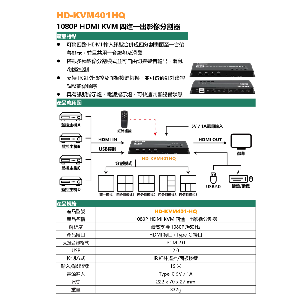 昌運監視器 HD-KVM401HQ 1080P HDMI KVM四進一出影像分割器-細節圖2