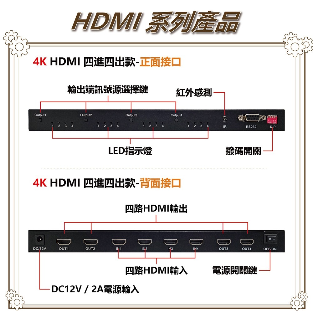 昌運監視器 HD-MT404-4K 4K HDMI四進四出矩陣器 可將4路HDMI輸出顯示同一或不同的高清影像-細節圖4