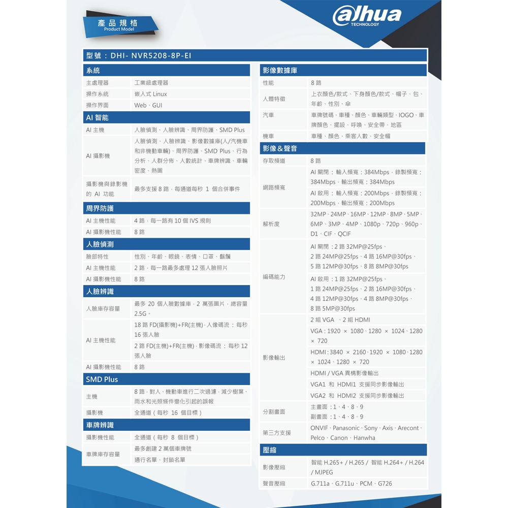昌運監視器 大華 DHI-NVR5208-8P-EI 8路2HDD 1U網路錄影機 監控主機-細節圖2