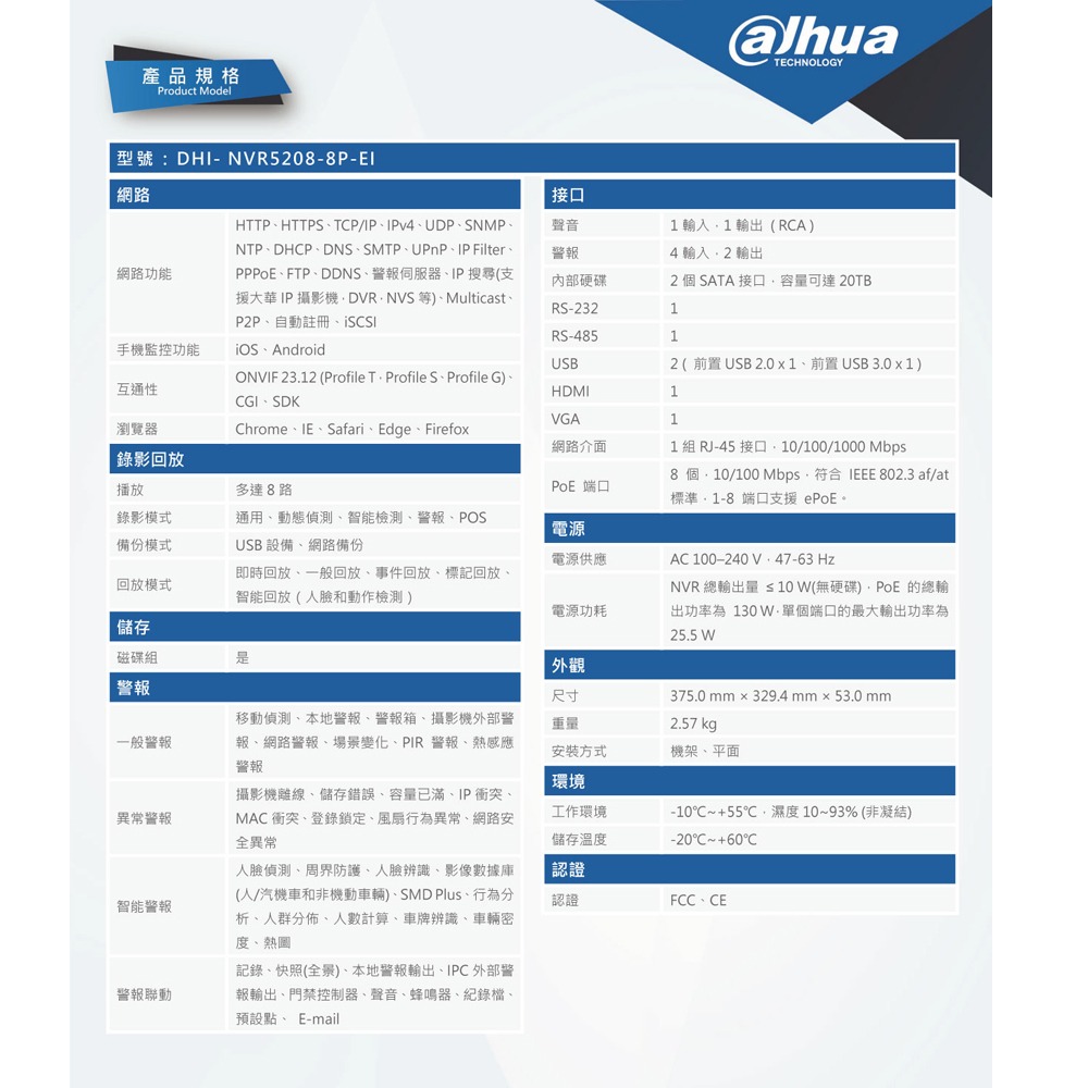 昌運監視器 大華 DHI-NVR5208-8P-EI 8路2HDD 1U網路錄影機 監控主機-細節圖3